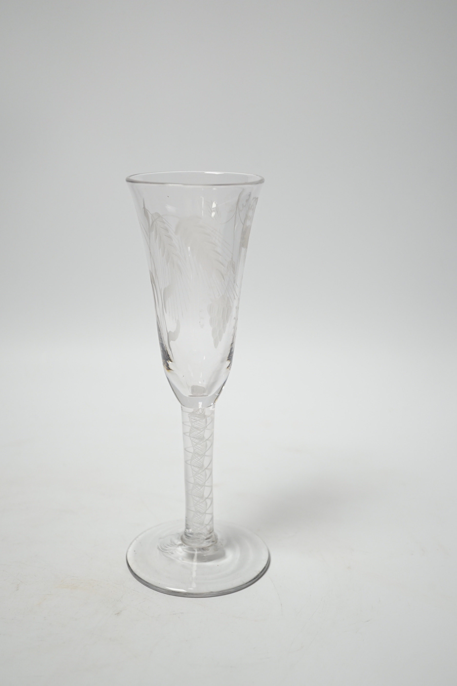 A George III hop and barley ale glass, with DSOT stem and engraved with hops and barley, 18cm